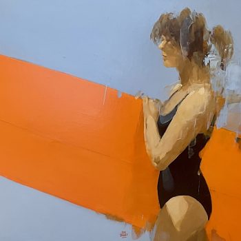 Jim Drouet - peinture Baigneurs - surfeurs - surf - terrasses de café - bord de mer